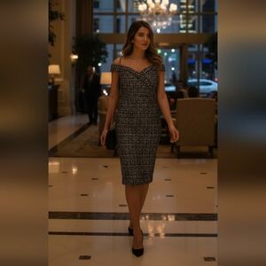 120$ Lulus Elegant Navy Blue Tweed Off-Shoulder Dress